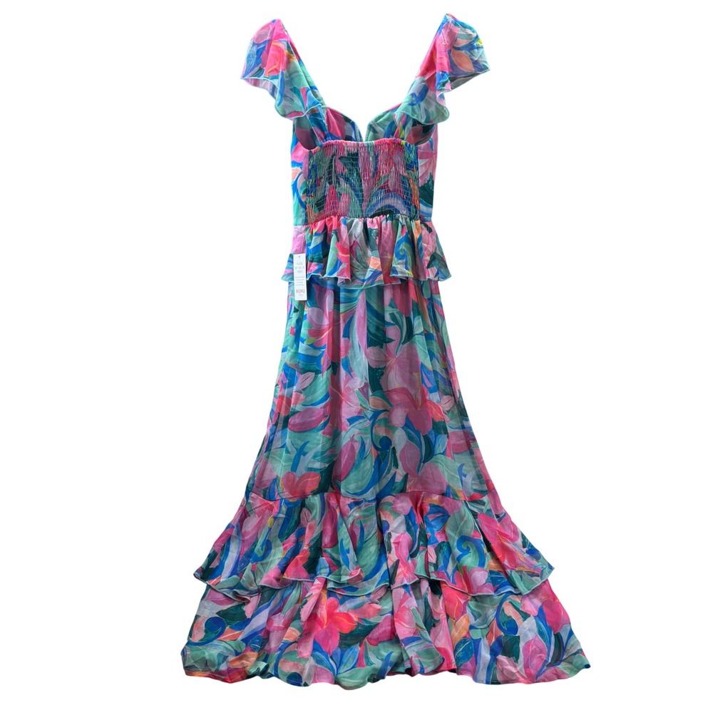 Show Me Your Mumu Floral Tiered Maxi Dress Pink‎ Blue Ruffle Smocked XS New - Picture 2 of 12